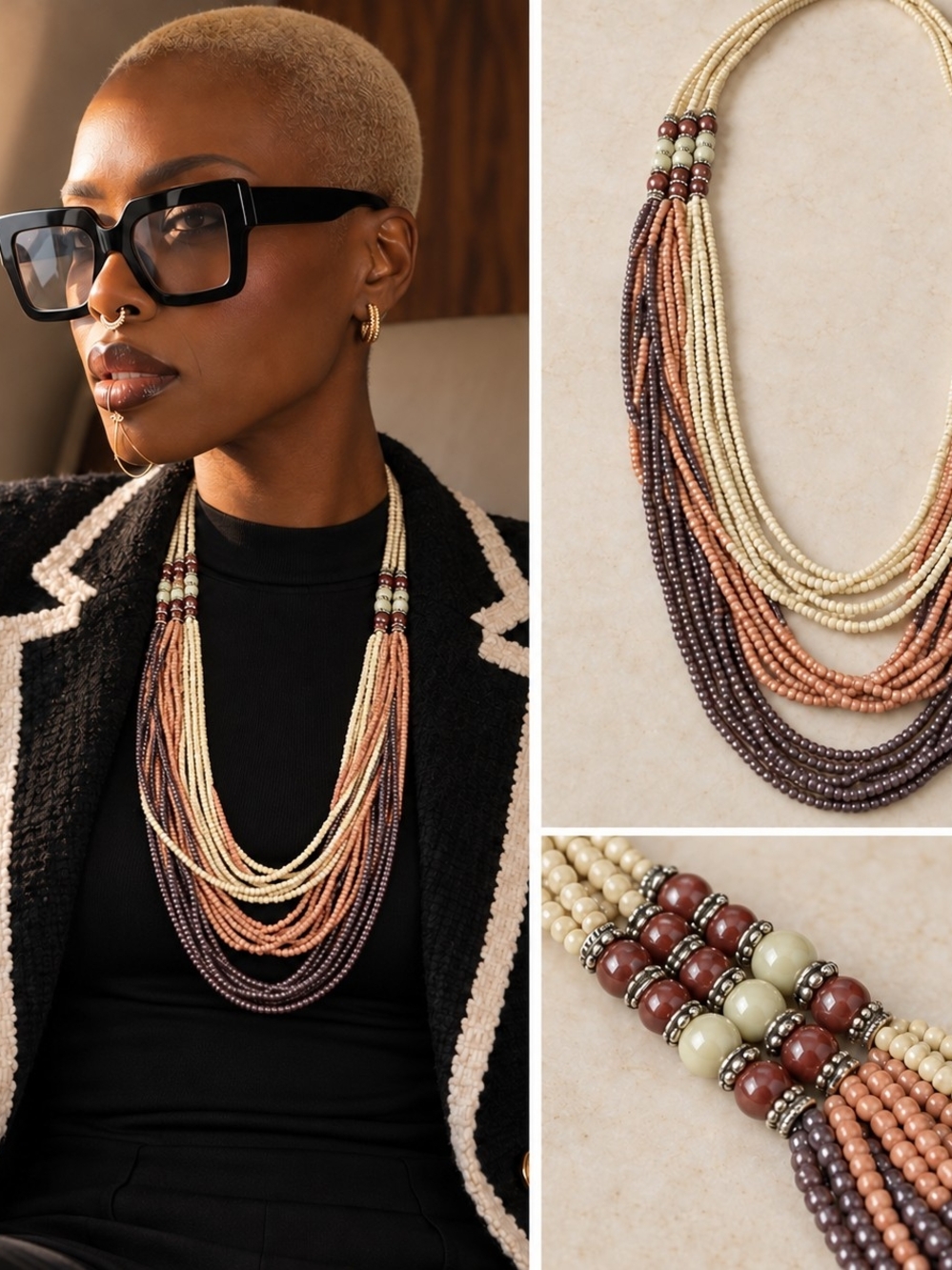 29” Multi-Strand Beaded Necklace – Cream, Light Brown And Chocolate & Brown